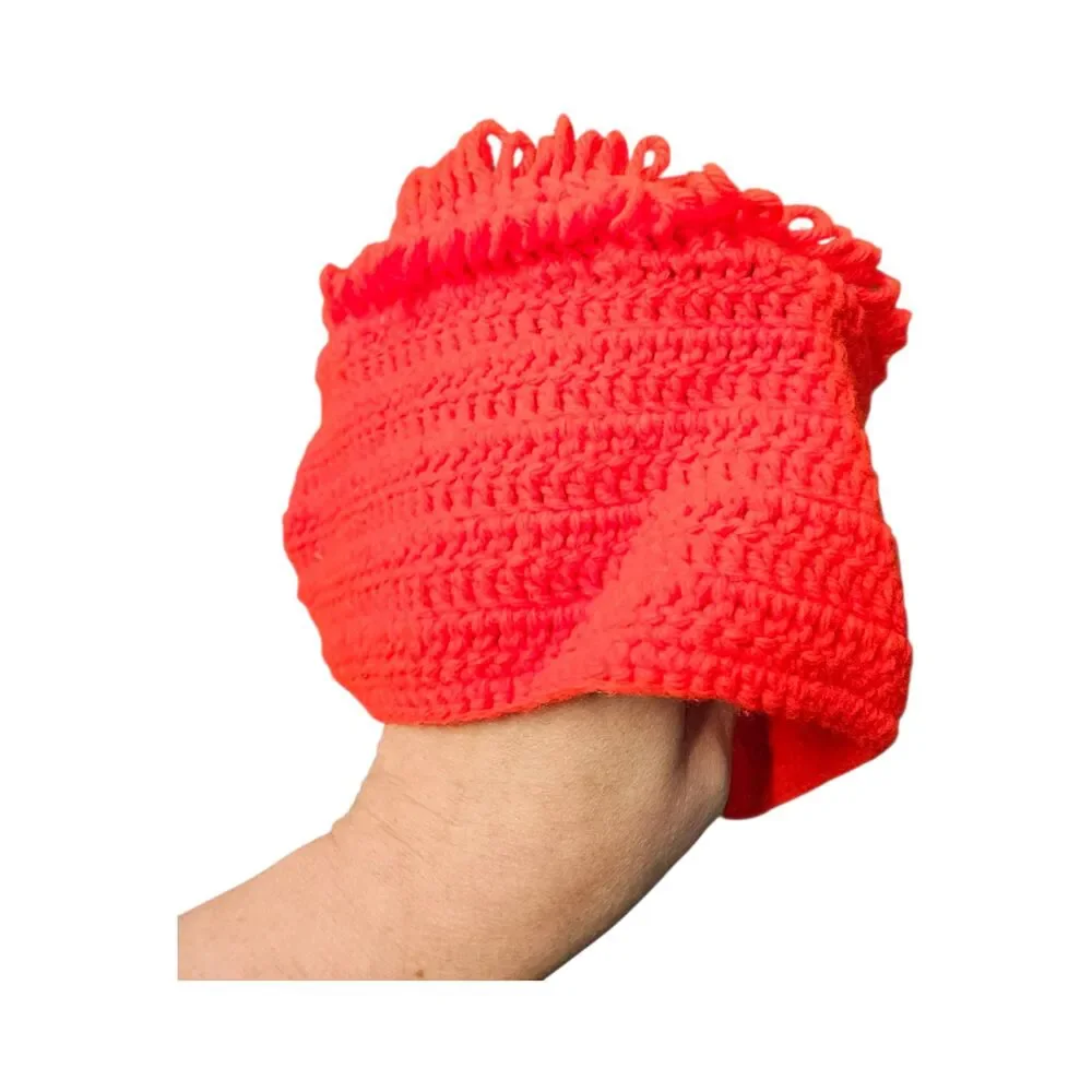 Hand Knit Bonnet with Face on Back Red Cream Youth Size Vintage 80's